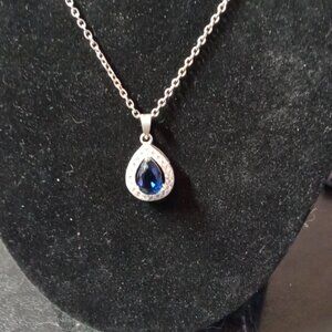 Classic IBB CN Large CZ  Blue Teardrop Silver Solitaire Pendant Necklace